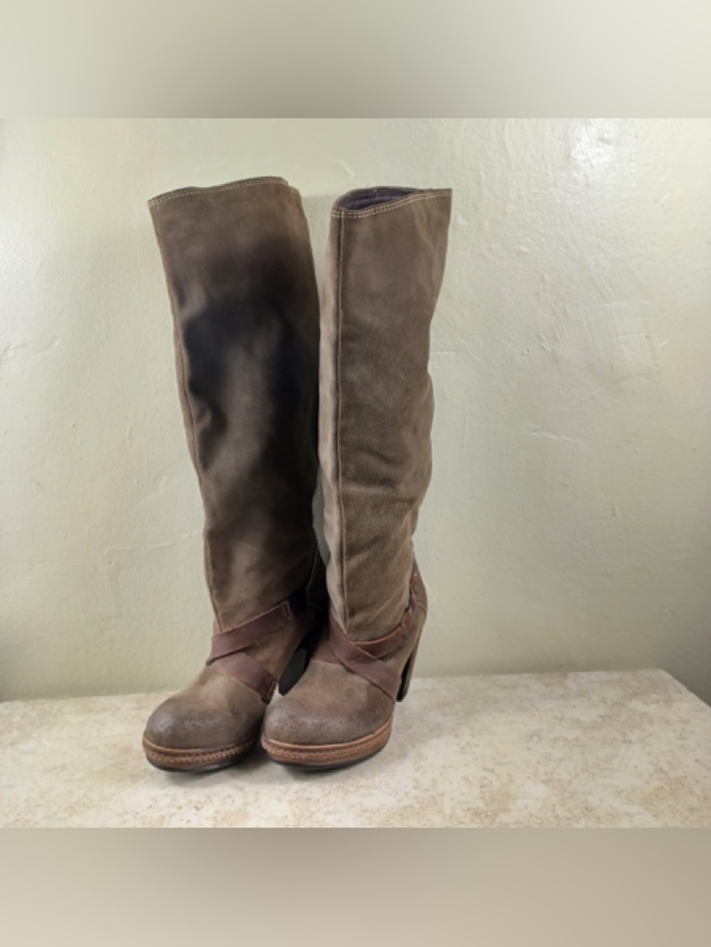 Women's Tall Suede Brown Heeled Boots - Picture 3 of 12